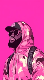 Hooded streetwear figure gazes upward against neon pink field