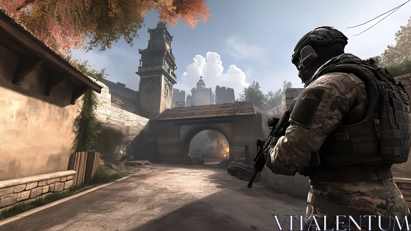 Tactical soldier stalks a quiet stone village under siege.