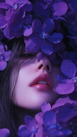 Female face framed by purple flowers in close detail.