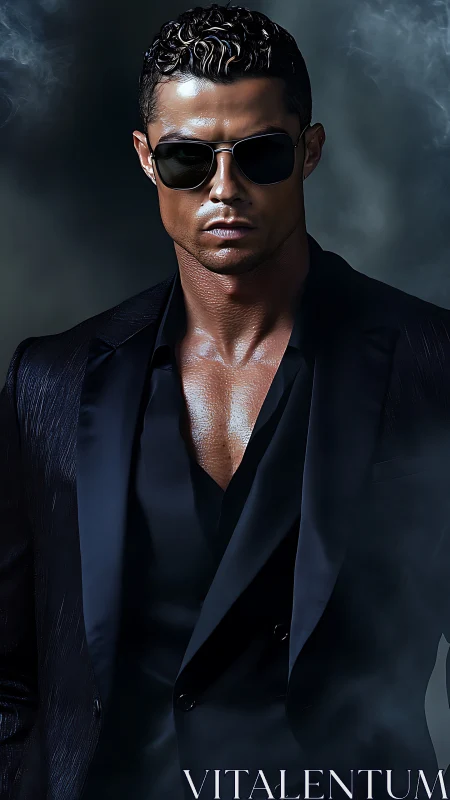 Sharp-lit male portrait in noir suit with reflective shades