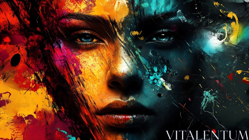 Dual-color abstract portrait uniting fire and shadow tones.