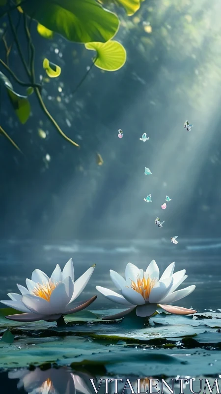 Volumetric forest light over lotus pond with microfauna ballet.