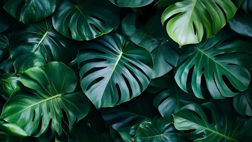 Lush monstera leaves create a soothing jungle of deep greens