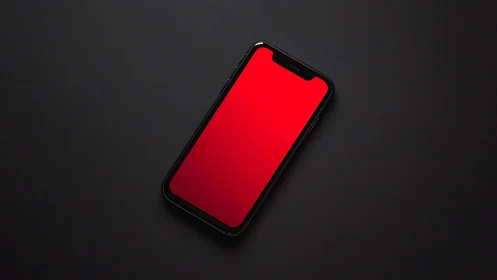 Modern smartphone displays vibrant red screen on dark surface