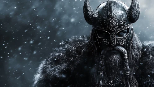 Armored Viking warrior rendered in high-contrast icy snowfall