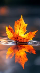 Autumn maple leaf on water with mirrored reflection detail.
