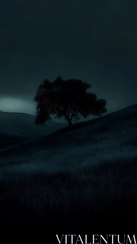 Nocturnal lone tree silhouette on sloping moorland hillside