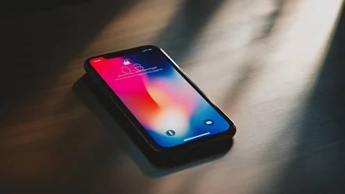 Smartphone with gradient wallpaper on wooden surface.