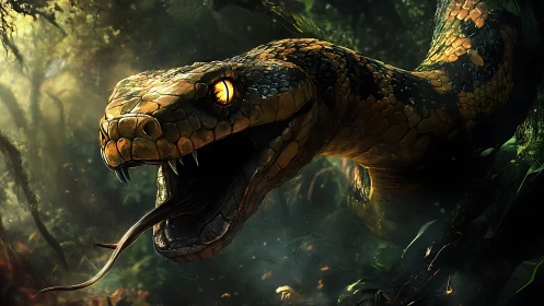 Venomous jungle snake lunges forward with fangs exposed