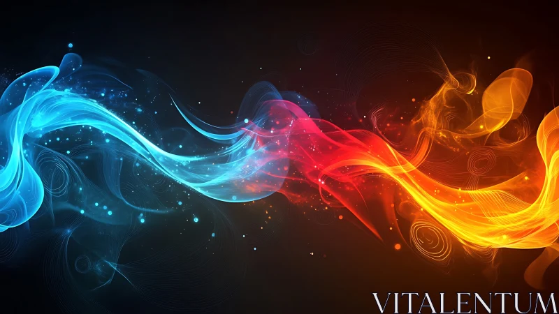 Blue and orange glowing waves merge across dark background space