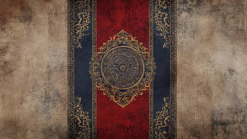 Ornate Islamic medallion on distressed textile ground.