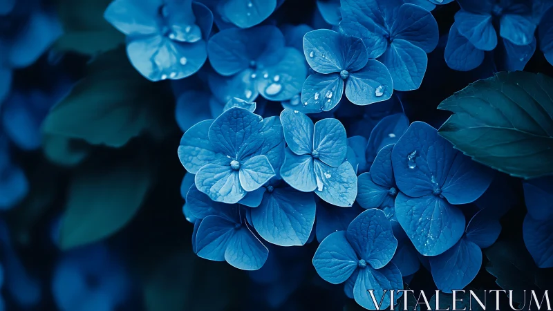 Delicate Blue Hydrangeas Glistening with Morning Dewdrops.