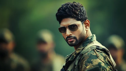 Soldier in digital camo with reflective sunglasses outdoors.