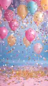 Floating Balloons with Golden Confetti Against Blue Sky.