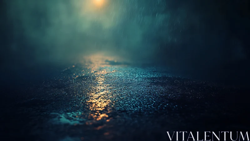 Rain-soaked asphalt glows under distant streetlight halo.