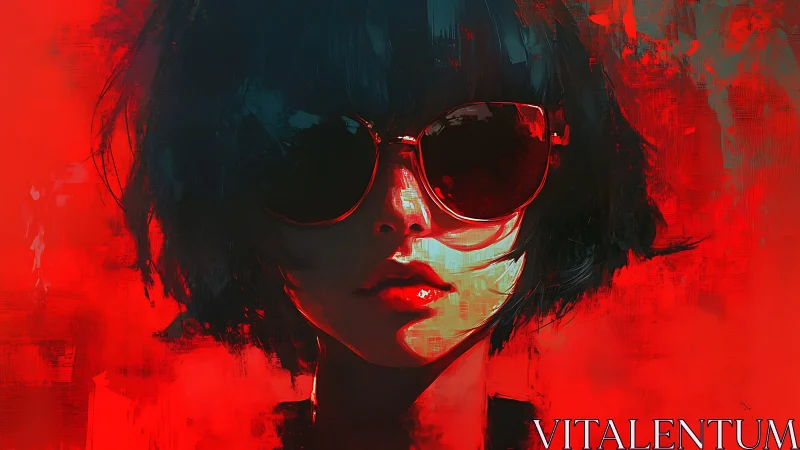 Neon red portrait of woman in glossy sunglasses, digital study