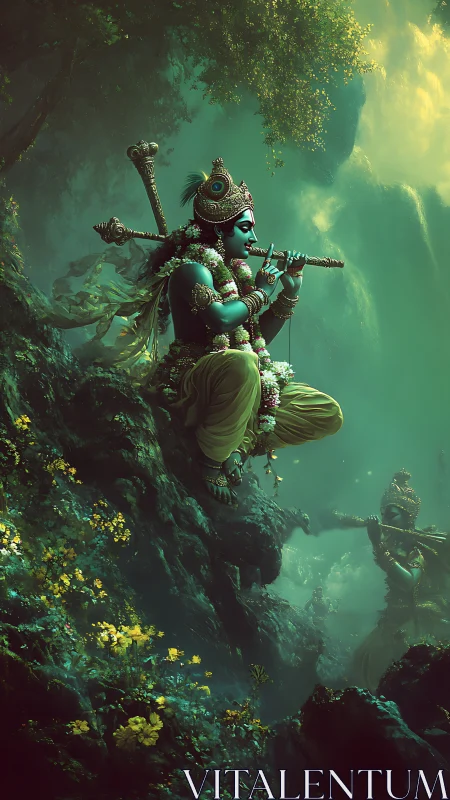 Blue-skinned deity plays flute on cliffside above misty valley