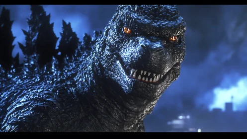 Detailed reptilian creature in nighttime urban environment.