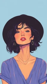 Stylized digital portrait of hat-wearing woman in blue dress.