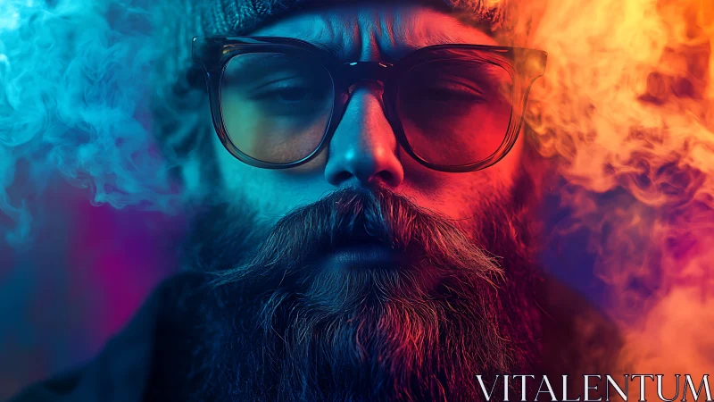 Bearded man portrait in neon bicolor smoke, close-up focus