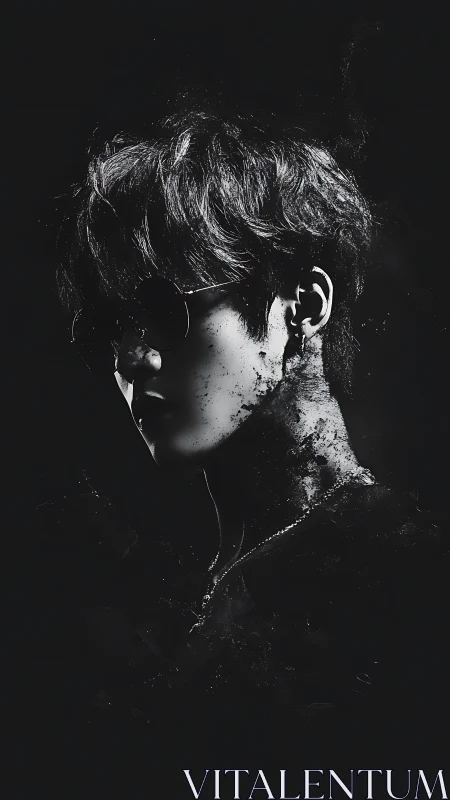 High-contrast monochrome portrait explores fragmented identity