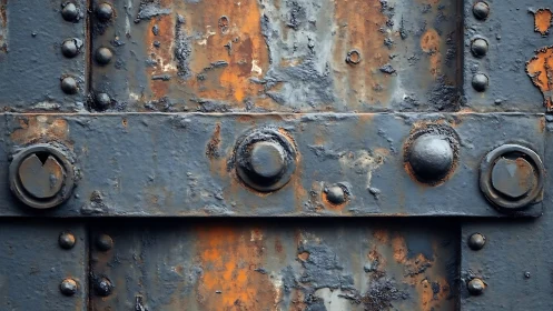 Weathered riveted steel plates with orange rust detail.