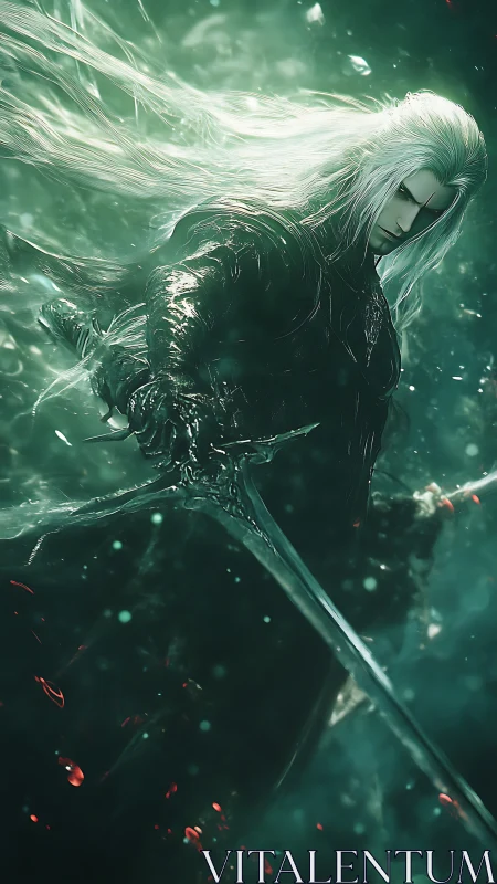 Silver-haired swordmaster drifting through glowing mist.