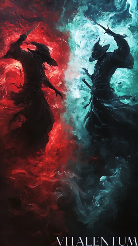 Duel of shadow warriors framed by red and blue swirling smoke.