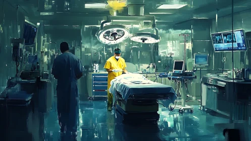 Surgeons work under cold lights in a futuristic operating room