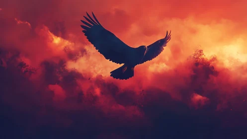 Silhouetted raptor gliding across fiery orange magenta storm