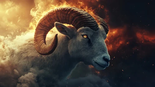 Storm-born ram glows with quiet power in blazing clouds