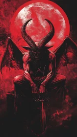 Horned shadow under the blood moon waits in silence.