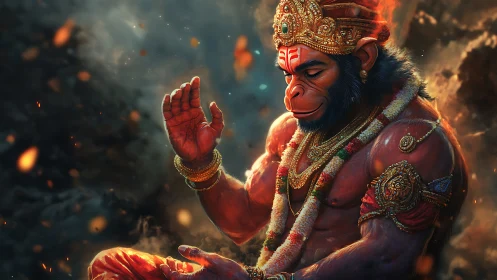 Digital depiction of garlanded monkey deity in flames.