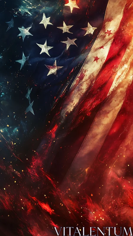 Burning American flag rendered with molten cosmic light