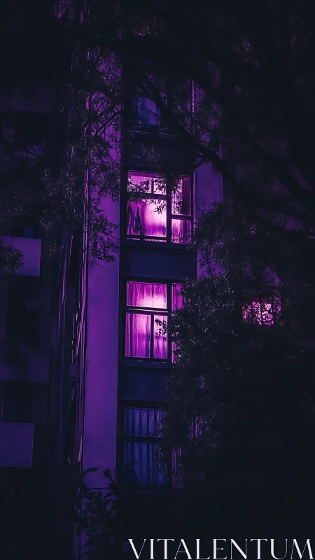 Midnight windows glowing with dreamy neon violet hush.
