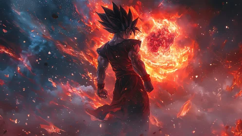 Dynamic anime warrior amid apocalyptic cosmic firestorm.