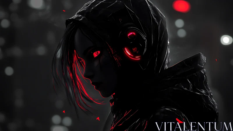 Cybernetic rogue portrait in glossy blacks and neon crimson.