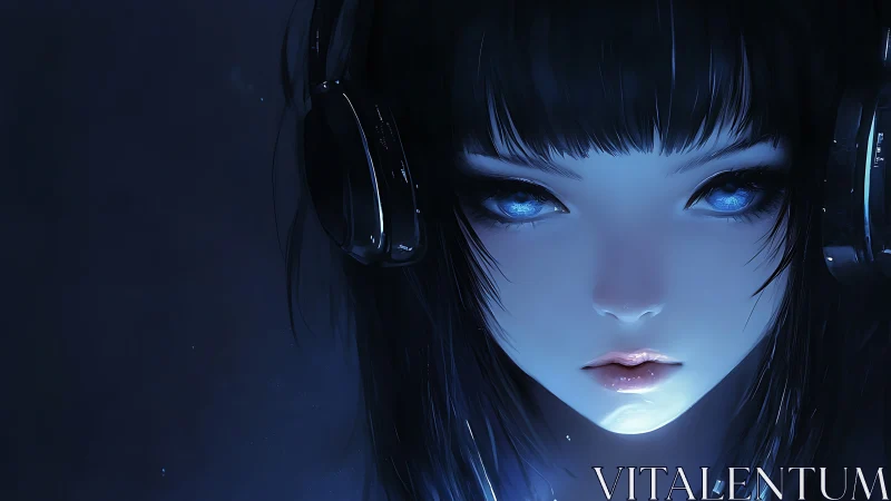 Digital portrait shows blue lit female face with headphones