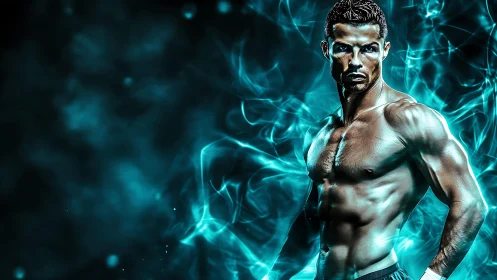 Digitally enhanced male torso rendered amid cyan light effects