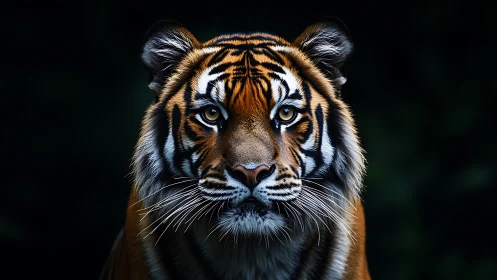 Tiger portrait with piercing gaze on deep black background.