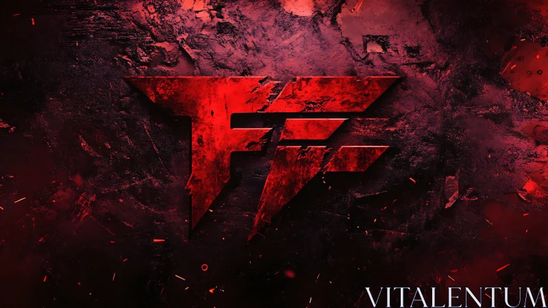 Red textured monogram logo over grunge illuminated backdrop.