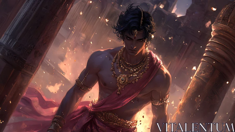 Warrior prince strides through burning ruins with dynamic rim lighting