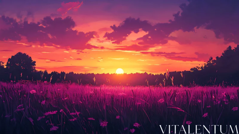 Sunset glow over a peaceful wildflower meadow at dusk.