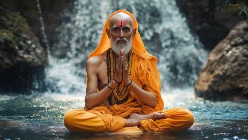 Monk in saffron calm holds stillness before roaring waterfall.