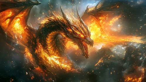 Infernal dragon unleashes firestorm across apocalyptic sky