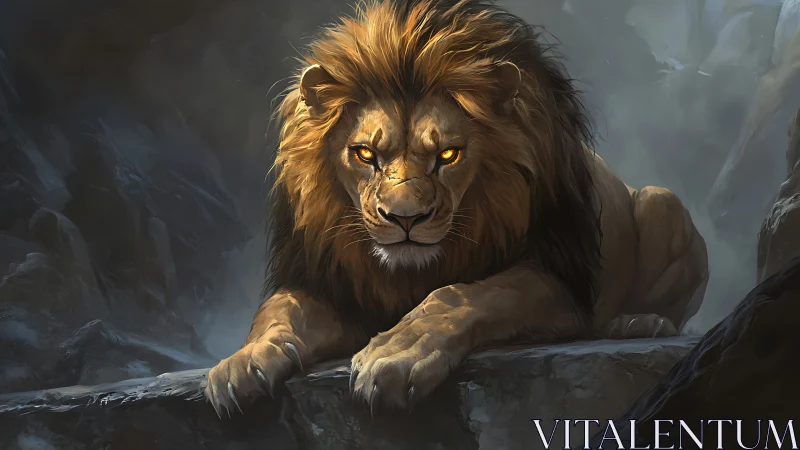 Powerful lion with glowing eyes on rocky ledge at dusk.