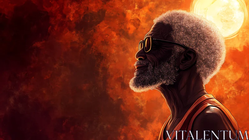 Profile view of older man against textured orange sky