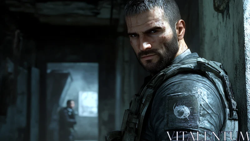 Battle-hardened soldier stalks shadows of ruined corridor.