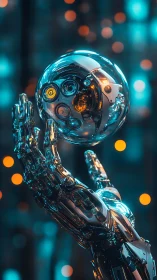 Cybernetic chrome hand with levitating mech-sphere composition.