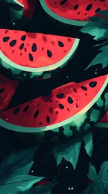Layered digital painting of watermelon wedges with stylized foliage